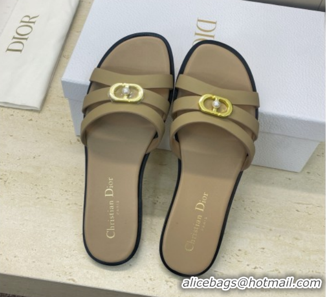 Luxury Dior 30M Flat Slides Sandal in Calfskin Leather with CD Pearl Beige 1217031