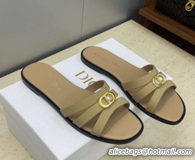 Luxury Dior 30M Flat Slides Sandal in Calfskin Leather with CD Pearl Beige 1217031