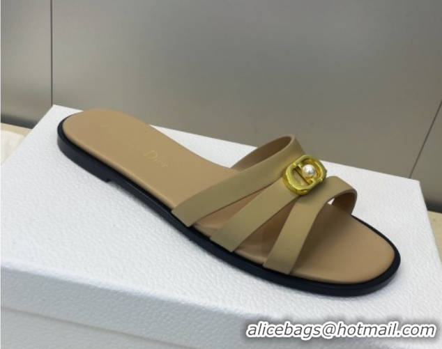 Luxury Dior 30M Flat Slides Sandal in Calfskin Leather with CD Pearl Beige 1217031