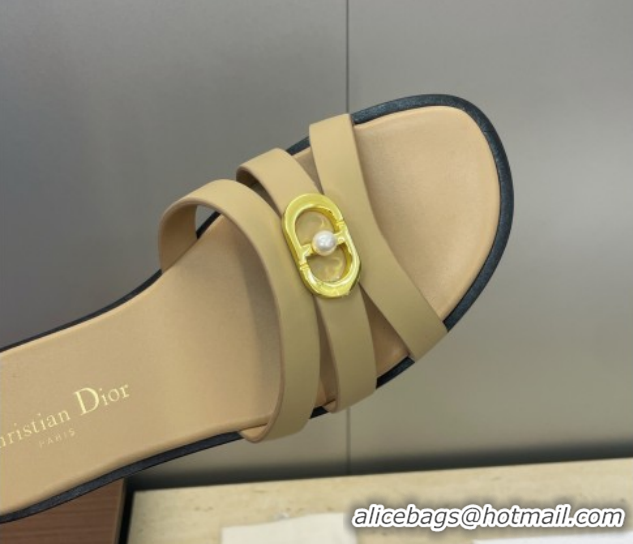 Luxury Dior 30M Flat Slides Sandal in Calfskin Leather with CD Pearl Beige 1217031