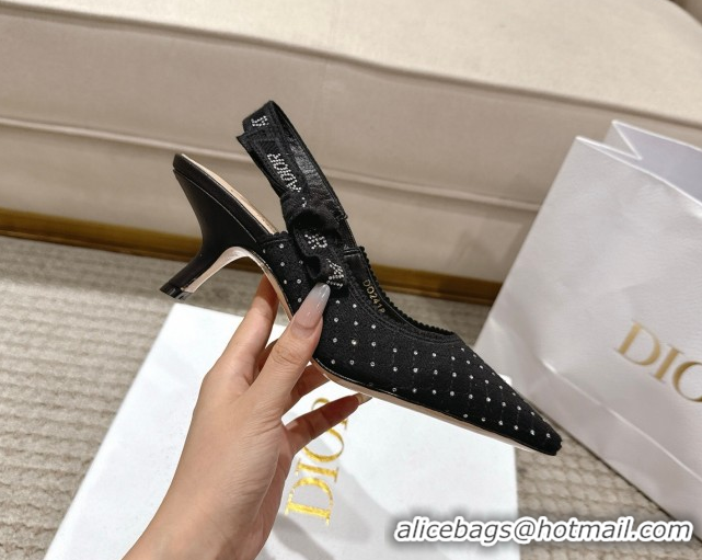 Luxurious Dior J'Adior Slingbacks Pump 6.5cm in Strass Microcannage Cotton Black 1217048