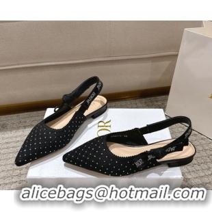 Fashion Dior J'Adior Slingbacks Ballets Flat in Strass Microcannage Cotton Black 1217050