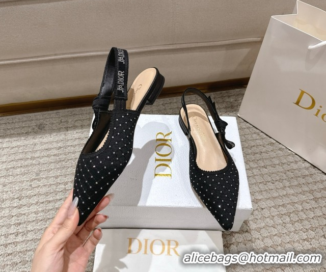 Fashion Dior J'Adior Slingbacks Ballets Flat in Strass Microcannage Cotton Black 1217050