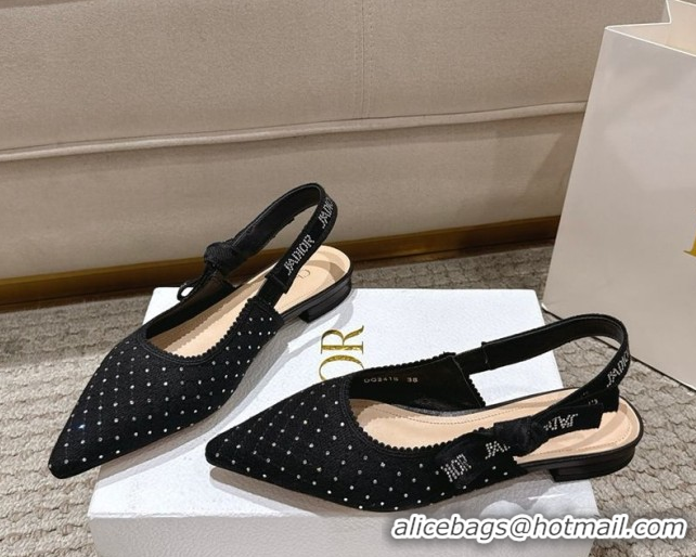 Fashion Dior J'Adior Slingbacks Ballets Flat in Strass Microcannage Cotton Black 1217050
