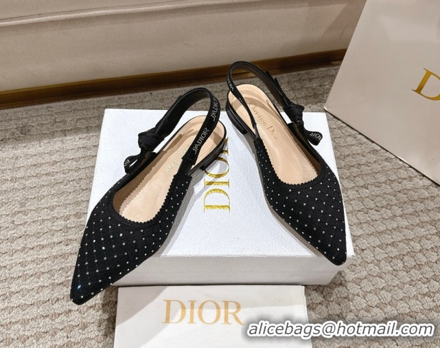 Fashion Dior J'Adior Slingbacks Ballets Flat in Strass Microcannage Cotton Black 1217050