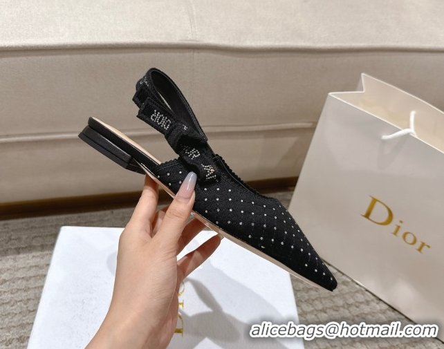 Fashion Dior J'Adior Slingbacks Ballets Flat in Strass Microcannage Cotton Black 1217050