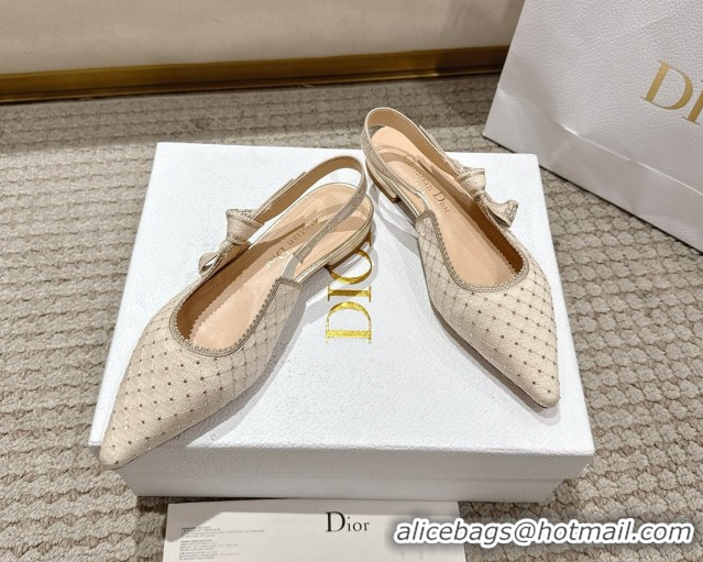 Luxury Dior J'Adior Slingbacks Ballets Flat in Strass Microcannage Cotton Beige 1217051