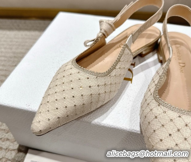 Luxury Dior J'Adior Slingbacks Ballets Flat in Strass Microcannage Cotton Beige 1217051