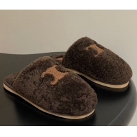 Top Grade Celine Georgia Flat Slides Sandal in Shearling Dark Brown 1024067