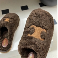 Top Grade Celine Georgia Flat Slides Sandal in Shearling Dark Brown 1024067
