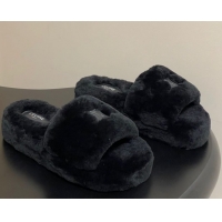 Luxurious Celine Triomphe Wool Platform Slides Sandal Black CE102406 1024071