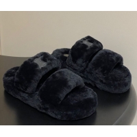 Sumptuous Celine Triomphe Wool Platform Slides Sandal Black 2025 CE102407 1024073