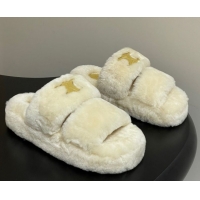 Good Looking Celine Triomphe Wool Platform Slides Sandal White 2025 CE102407 1024074