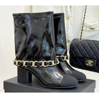 Good Product Chanel Patent Leather & Grosgrain Boots with Chain 5cm Heel Black 101414