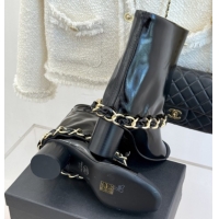 Good Product Chanel Patent Leather & Grosgrain Boots with Chain 5cm Heel Black 101414