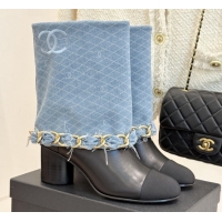 Cheap Price Chanel Lambskin,Denim & Grosgrain Boots with Chain 5cm Heel Light Blue 5101416
