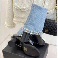 Cheap Price Chanel Lambskin,Denim & Grosgrain Boots with Chain 5cm Heel Light Blue 5101416