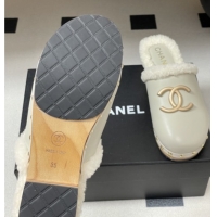 Low Price Chanel Calfskin Mules with Shearling CH102005 White
