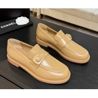 Classic Hot Chanel Shiny Calfskin Loafers with Button Strap Beige 2025 G46796 1031091