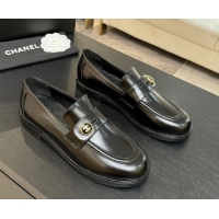 Grade Chanel Shiny Calfskin Loafers with Button Strap Black 2025 G46796 1031092