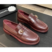 Popular Style Chanel Shiny Calfskin Loafers with Button Strap Burgundy 2025 G46796 1031093