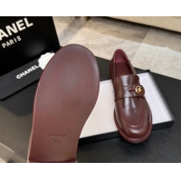Popular Style Chanel Shiny Calfskin Loafers with Button Strap Burgundy 2025 G46796 1031093