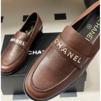 Sophisticated Chanel Calfskin Leather Loafers with Letters Strap Dark Brown 2025 CH103102 1031098