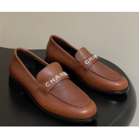 Classic Hot Chanel Calfskin Leather Loafers with Letters Strap Brown2 2025 CH103102 1031099