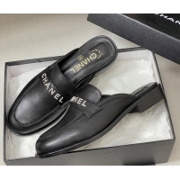 Stylish Chanel Calfskin Leather Flat Mules with Letters Strap Black 2025 CH103102 1031101