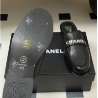Stylish Chanel Calfskin Leather Flat Mules with Letters Strap Black 2025 CH103102 1031101