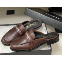 Perfect Chanel Calfskin Leather Flat Mules with Letters Strap Dark Brown 2025 CH103102 1031102