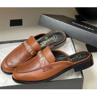 Duplicate Chanel Calfskin Leather Flat Mules with Letters Strap Brown2 2025 CH103102 1031103
