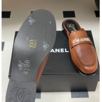 Duplicate Chanel Calfskin Leather Flat Mules with Letters Strap Brown2 2025 CH103102 1031103