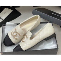 Pretty Style Chanel Lambskin Leather Flat Loafers with Chain CC White 2025 CH103103 1031106