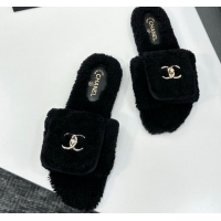 Perfect Chanel Shearling Wool Flat Slides Sandal with Foldover Black 2025 CH103106 1031128