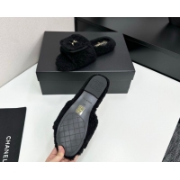 Perfect Chanel Shearling Wool Flat Slides Sandal with Foldover Black 2025 CH103106 1031128