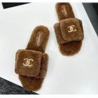 Unique Style Chanel Shearling Wool Flat Slides Sandal with Foldover Brown 2025 CH103106 1031129