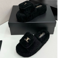Purchase Chanel Shearling Wool Platform Slides Sandal with Foldover Black 2025 CH103106 1031132