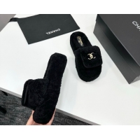 Purchase Chanel Shearling Wool Platform Slides Sandal with Foldover Black 2025 CH103106 1031132