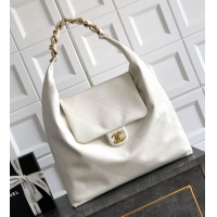 Spot Classic Chanel Maxi Hobo Bag Original Shiny Calfskin Leather AS5838 White/Gold