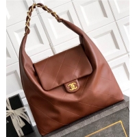 Top Grade Chanel Maxi Hobo Bag Original Shiny Calfskin Leather AS5838 Brown/Gold
