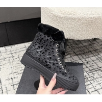 Most Popular Chanel Openwork Calfskin Leather and Wool High Top Sneakers Black 2025 CH110101 1101001