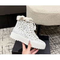Good Quality Chanel Openwork Calfskin Leather and Wool High Top Sneakers White 2025 CH110101 1101002
