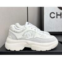 Grade Quality Chanel Calfskin Leather, Suede and Tweed Platform Sneakers White05 2025 CH110102 1101005