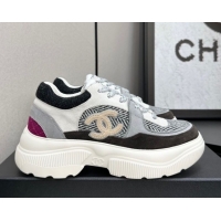 Best Grade Chanel Calfskin Leather, Suede and Fabric Platform Sneakers Grey CH110102 101006
