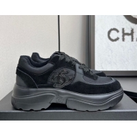 Stylish Chanel Calfskin Leather, Suede and Fabric Platform Sneakers All Black 2025 CH110102 1101009