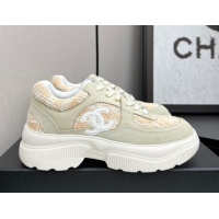 Duplicate Chanel Calfskin Leather, Suede and Tweed Platform Sneakers Green/Yellow 10 2025 CH110102 1101010