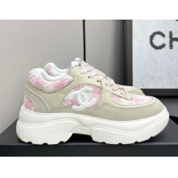 Luxurious Chanel Calfskin Leather, Suede and Tweed Platform Sneakers Green/Pink CH110102 1101011