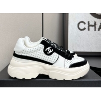 Sumptuous Chanel Perforated Calfskin Leather Platform Sneakers White/Black 18 2025 CH110102 1101018