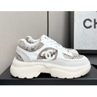 Hot Style Chanel Calfskin and Snakeskin Printed Leather Platform Sneakers Grey 2025 CH110103 1101026